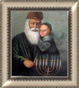 Jewish Israel Judaica Hebrew Art Oil Painting Rabbi Lighting Candles - Picture 1 of 1