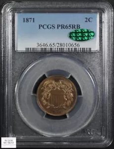 1871 Proof Copper Two Cent Piece 2C PCGS PR 65 RB Red-Brown CAC - Picture 1 of 7