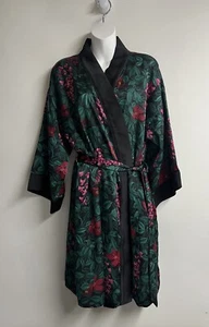 Ann Taylor Sleep Kimono Woman Green Black Floral Pockets Front Tie Sz S Ret.89$ - Picture 1 of 9