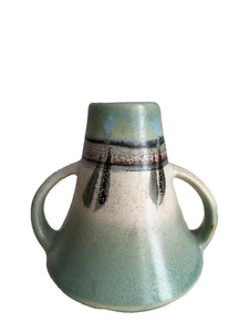 Arts & Crafts Turquoise Two-Handled Vase 5" Japanese Monticello Pottery - Picture 1 of 7