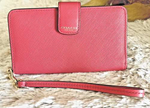 AUTENTICO PORTAFOGLIO POLSINO COACH PELLE INCROCIATA ROSA GRANDE