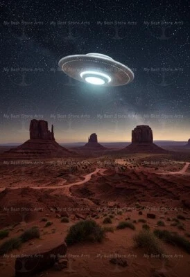 IMPRESIÓN ARTÍSTICA RETRO OVNI SOBRE EL DESIERTO, póster de paisaje de ciencia ficción vintage, fantasía G118 Foto 1 de 2