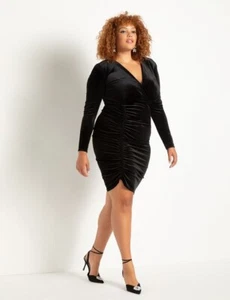 Neu mit Etikett Eloquii Schulterpolster Samt schwarz gerafft Langarm Stretch-Minikleid 18 - Bild 1 von 6