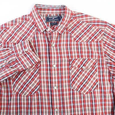 CAMISA POLO DEPORTIVA DE COLECCIÓN RALPH LAUREN A CUADROS MADRAS WESTERN PERLA ALGODÓN A PRESIÓN GRANDE Foto 1 de 4