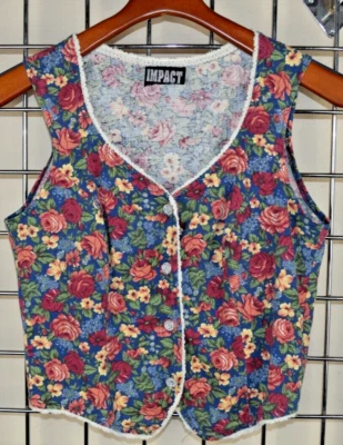 Vintage Floral Rose Shirt Impact Size S/M 70s Red Blue Yellow Green Buttons Lace - Image 1 of 4