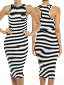 Womens Casual Full Length Long Fitted Black Blue White Striped Sleeveless Dress - Picture 1 of 2
