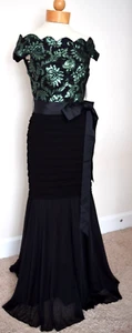 Betsy Adam Cocktail Green/Black Sequined/Pleated Off Shoulder Long Dress 4 - Picture 1 of 20