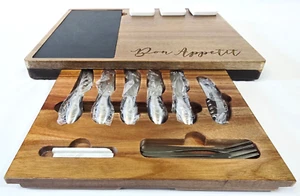 Acacia Slate Cheese Charcuterie Board w Utensils Knife Drawer Appetizer Tray - Picture 1 of 17