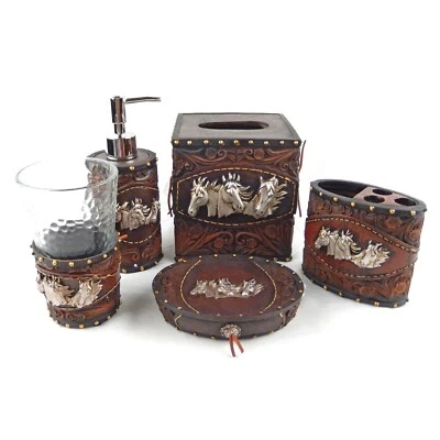 Juego de accesorios de baño concho floral para caballos 5 piezas decoración occidental rústica marrón Foto 1 de 4