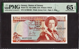 Jersey 10 Pounds 1989 First Prefix LOW # AC 000166 Pick-17a GEM UNC PMG 65 EPQ - Bild 1 von 2