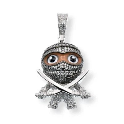 Sterling Silver Double Sword Ninja Brown Enamel Hip Hop Pendant with CZ Stones - Image 1 of 2