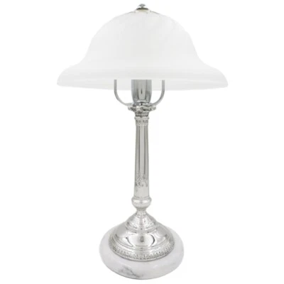 Lampada da Tavolo in Argento 925 Stile Impero con Paralume in Vetro, Base Marmo - Immagine 1 di 3