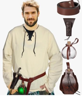 Conjunto de accesorios de disfraz de caballero renacentista camisa vikinga medieval pequeña de 5 piezas para hombre Foto 1 de 4