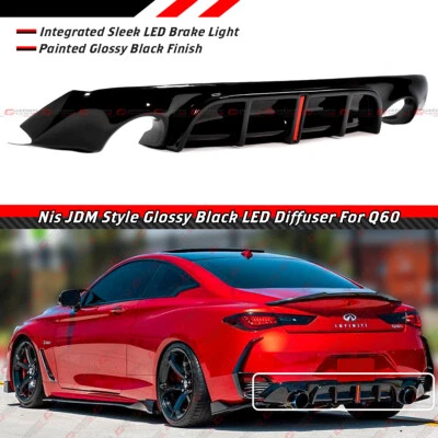 FOR 2017-2022 INFINITI Q60 GLOSS BLACK REAR BUMPER DIFFUSER W/ LED BRAKE LIGHT - Imagen 1 de 4