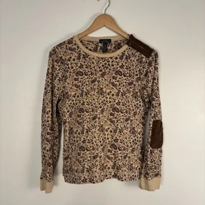 LRL Lauren Jeans Co Womens XL Faux Leather Elbow Patch T-Shirt Paisley Cream - Picture 1 of 5