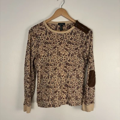 LRL Lauren Jeans Co Womens XL Faux Leather Elbow Patch T-Shirt Paisley Cream - Image 1 of 4