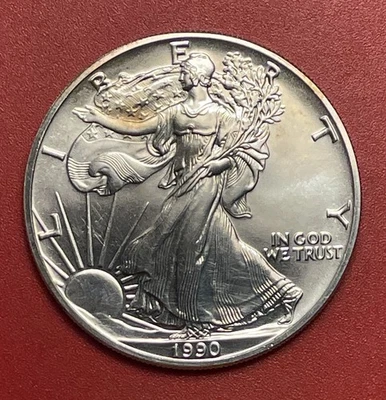 1990 1 Oz .999 American Silver Eagle Dollar, Gem.  Better Date. Some Toning. - Image 1 of 2