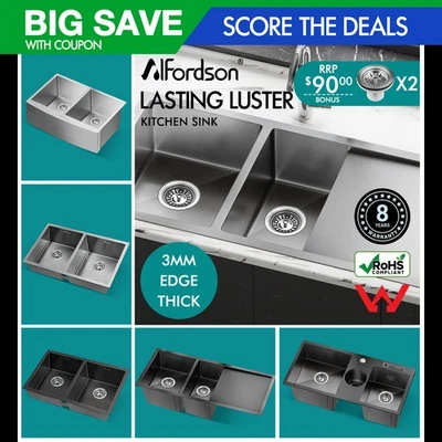 ALFORDSON Kitchen Sink Basin Stainless Steel Top Flush Under Mount Double Bowl - image 1 of 3