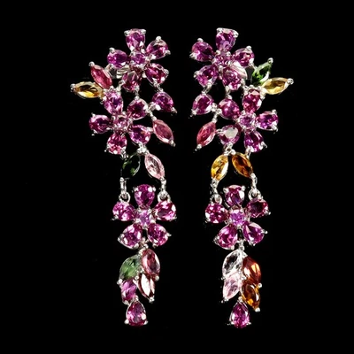 925 Sterling Silver Earrings Pear Rhodolite Tourmaline Natural Gemstone Jewelry - Image 1 of 4