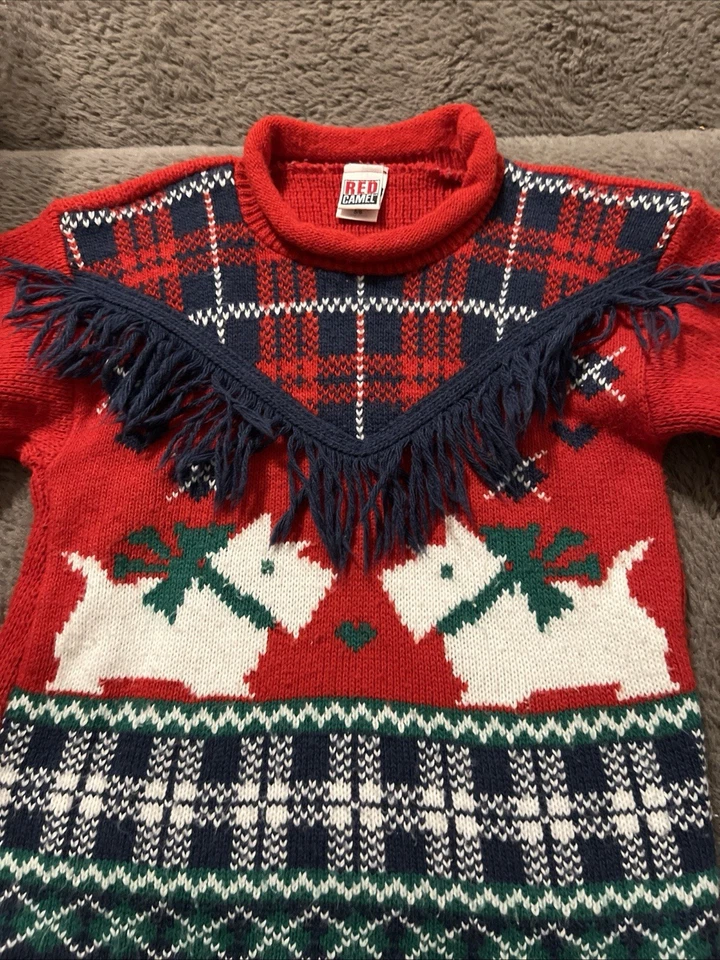 Vintage Red Camel Plaid Holiday Scottie Dogs Sweater Kids Size 5/6 - Image 1 of 3