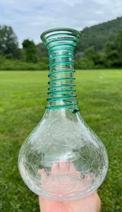 Vintage BLENKO Crackle Glass Vase Crystal With Applied Emerald Spiral 1999 #9432 - Picture 1 of 6