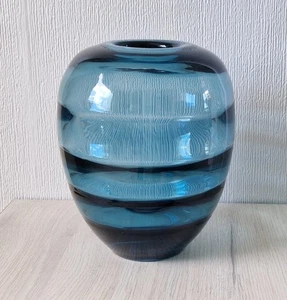 Large Kosta Art Deco Optic Internal Ribbed Elis Bergh Heavy Blue Art Glass Vase - Picture 1 of 23