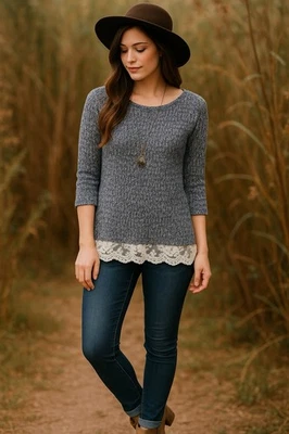 Maison Jules Womens Sweater Top Knit Light Gray Ruffle Lace Small - Image 1 of 4