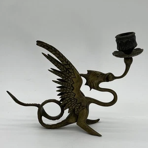 Vintage  Brass Dragon Chamberstick Candleholder Tail Is Handle Adjustable Feet - Picture 1 of 12