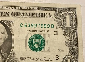 Fancy $1 Note C 63997999 B Series 1995 - Picture 1 of 4
