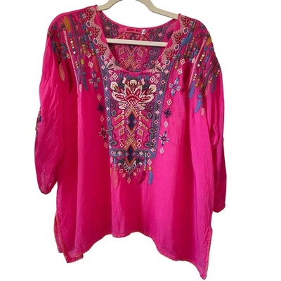 Johnny Was Size M Rangoon Embroidered Tunic Blouse Paradise Pink 3/4 Sleeve - Image 1 of 4