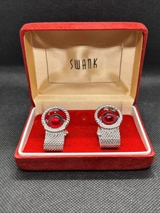 Swank MCM Cufflinks Candy Apple Red Silver Tone Finish In Original Box Vintage - Picture 1 of 5