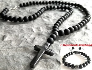Halskette mit Kreuz Hämatit Onyx perlen Edelstein Cross kreuzkette set Armband - Bild 1 von 8