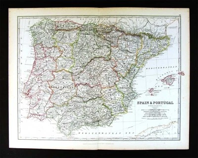 1883 Johnston Royal Atlas Map - Spain Portugal Gibraltar Madrid Lisbon Barcelona - Image 1 of 3