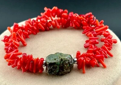 Turquoise Red Coral Branch Bracelet 2 Strand Silver Tone Stretch NK - Image 1 of 3