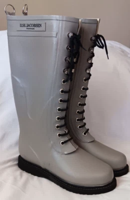 Ilse Jacobsen Women Grey Tall Wide Calf Rain Rubber Boots Size 9 EUR 39 NEW - Image 1 of 4