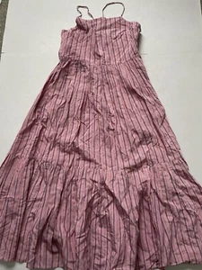 Zara Maxi Dress Womens S Pink Striped Poplin Tiered Relaxed Fit Spaghetti Strap - Picture 1 of 8