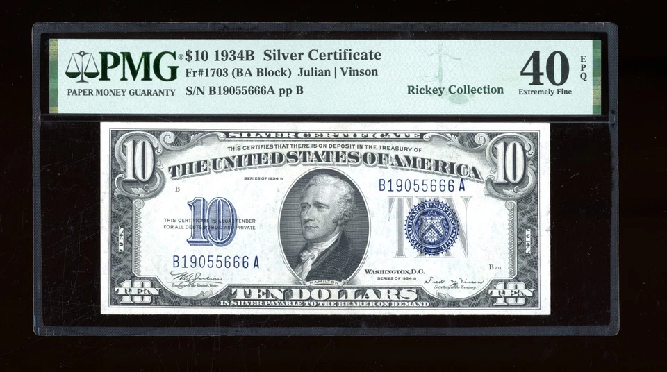 DBR 1934-B $10 Silver Vinson Fr. 1703 PMG XF-40 EPQ Serial B19055666A - Image 1 of 2