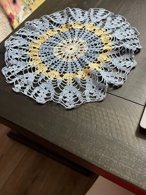 Vintage Doily Round, Blue, White and Tan in color Excellent Condition - Image 1 of 2