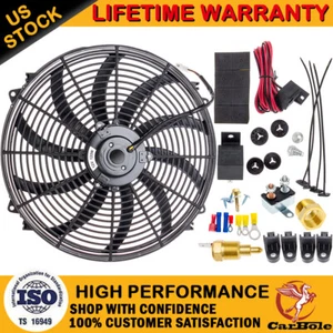16" INCH 3500 CFM Black Electric Radiator Fan Thermostat Wiring Switch Relay Kit - Picture 1 of 15