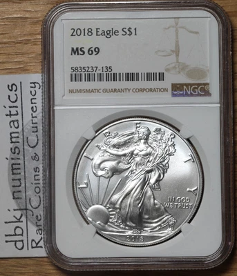 2018 Silver American Eagle $1 - NGC - Brown Label - MS69 - dbkjB - Image 1 of 4