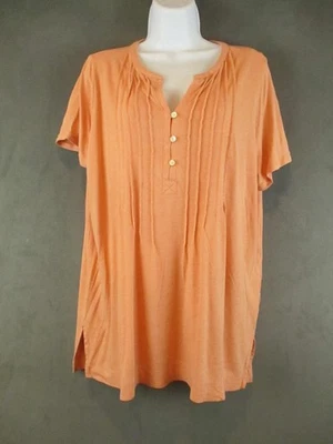 Camisa J Jill Mujer Grande Naranja Mezcla de Lino Pintuck Henley Túnica Manga Corta Foto 1 de 4