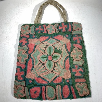 Vintage Woven Embroidered Boho Shopping Tote Bag Pink Green Blue - Image 1 of 4