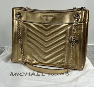 Michael Michael Kors Susan Metallic Medium Shoulder Bag Pale Gold New Chain - Picture 1 of 13