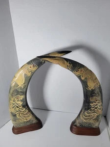 Hand-Carved Water Buffalo Horns With Asian Dragon and Tiger Motif Vtg Pair - Picture 1 of 24