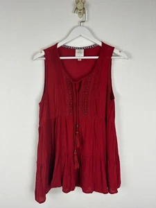 Knox Rose Blouse Tank Top Large Woman L Boho Ruffle Tassels Flowy Shirt Rust Red - Picture 1 of 3
