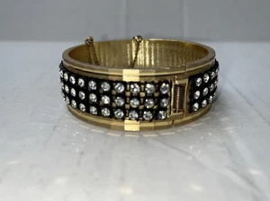 Vtg Gold Tone Black Rhinestones Hinged Bangle Bracelet 7” Wrists Safety Chain - Picture 1 of 8