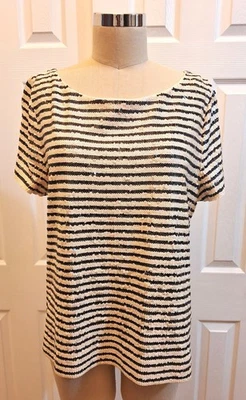 J.Crew Black Cream Striped Sequin Cotton Top Short Sleeves Size: XL  - Image 1 of 4