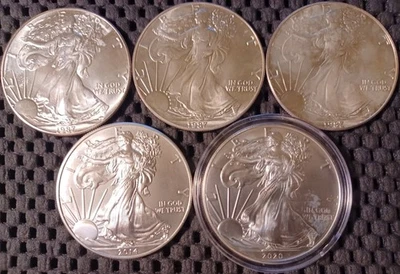 Lote de 5 Águilas Americanas de Plata 3 de 1987, 1 de 2014 y 1 de 2020 Foto 1 de 2