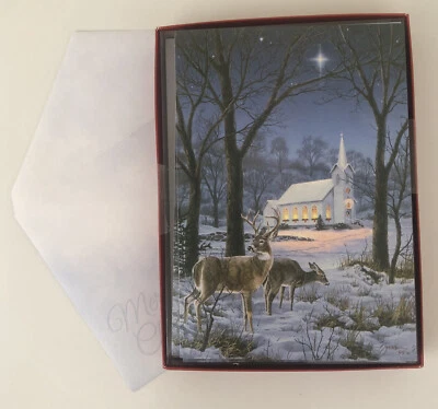 10 CHRISTMAS Leanin Tree Cards Box Set, CHURCH IN WOODS & DEER, BUCK & DOE,Bible - Image 1 of 2