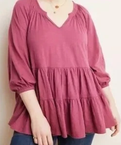 Anthropologie Maeve Isola Tiered Babydoll Tunic Top Womens S Plum Split V Cotton - Picture 1 of 18